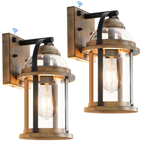 OKELI Dusk to Dawn Outdoor Wall Lights, Waterproof Lighting Fixtures Rustic Farmhouse Wall Lanterns with Clear Glass Shades Anti-Rust Outside Lights for Garage Patio Porch(Wood Grain, 2 Pack)