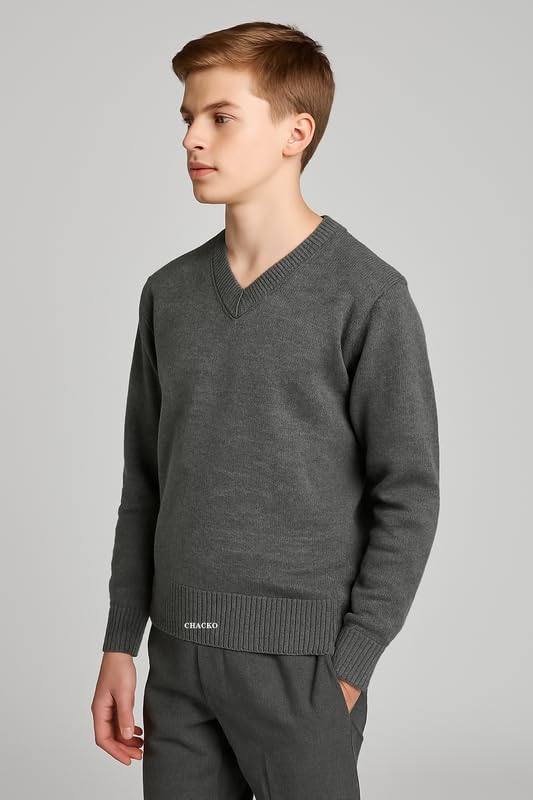 CHACKO Unisex School Uniform Woolen Sweater for Boys & Girls | Warm Winter V-Neck_Grey,11-12 Years - Image 6 thumbnail