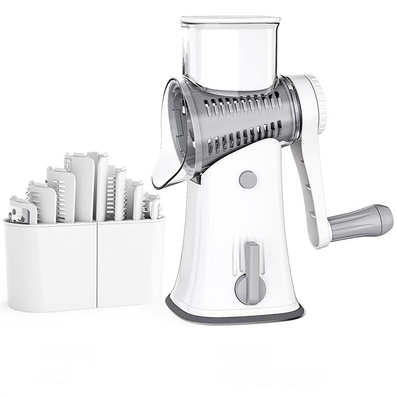 YHBRAK Rotary cheese grater with 5 different interchangeable blades vegetable cheese grater slicer with handle with non-slip suction cup base for kitchen for cheese, vegetables, fruits, white