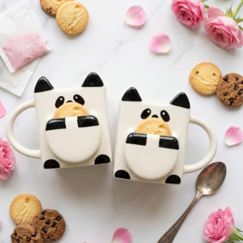 Image of Ceramic Panda Mug Set of 2 with 3D Cookie Biscuit Tea Bag Holder |Coffee Mug Pair | Cute Panda Cup Set | Tea Mug Gift for Couples Best Friends | 240 ml Each | Microwave & Dishwasher Safe