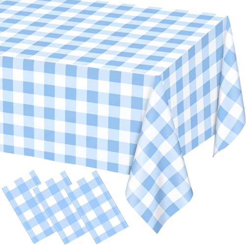 Image of 3 Pack Light Blue Gingham Tablecloth Rectangular Pale Blue and White Checkered Tablecloths Disposable Plastic Plaid Table Cover for Parties, Outdoor Picnic, Birthday, Wedding, Camping 54 x 108 Inch