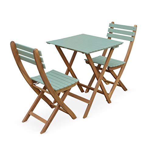 Alice's Garden - Table de Jardin bistrot en Bois 60x60cm - Barcelona Bois/Vert de Gris - Pliante Bicolore carrée en Acacia avec 2 chaises Pliables