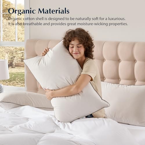 Pacific Coast Bed Pillow, Hotel Collection Down Pillow for Sleeping with Organic Cotton Shell, Suit for Stomach and Back Sleepers, 700 Fill Power, Oeko Certified, Standard Size