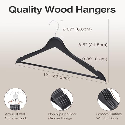 Image of Wooden Hangers for Clothes Hanging | Heavy Duty Coat Hangers with 360 Swivel Hook & Non-Slip Notches | Natural Wood Suit Hangers for Shirts, Blazer, Dresses & Saree (36, Black)