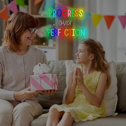 Image of Progress Over Perfection Neon Sign for Classroom, Motivational LED Speech Therapy Decor Neon Letters Light for Office, Home Gym, Gift for Students,Teachers