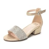FUNKYMONKEY Girls Low Heels Sandals Open Toes with Ankle Strap Rhinestone Dress Shoes for Kids (1 Little Kid, Light Gold)