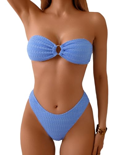 Limeeke Women's Strapless Bandeau Bikini Sets Ring Linked Two Piece Swimsuit Removable Strap Textured Bathing Suit