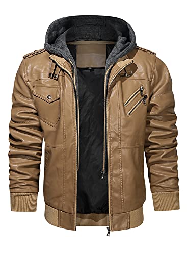 Image of HOOD CREW Men's Casual Stand Collar PU Faux Leather Zip-Up Motorcycle Bomber Jacket With a Removable Hood