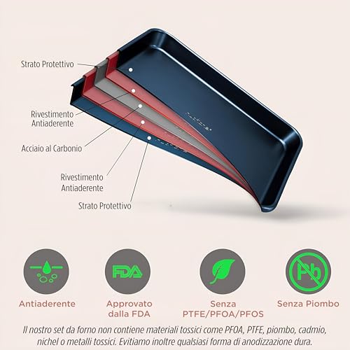 Nutrichef Set di Teglie da Forno per Biscotti, Pane, Pizza, Dolci, Focaccia, Teglie Forno Antiaderenti Set da 2 Pezzi Grandi e Medi, Impilabili e Resistenti, Diamante Blu - immagine 4