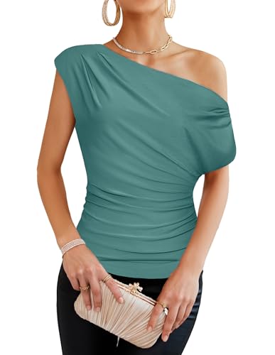 Image of GRACE KARIN One Shoulder Summer Tops for Women Ruched Batwing Asymmetrical Tops Dressy Casual Party Shirts