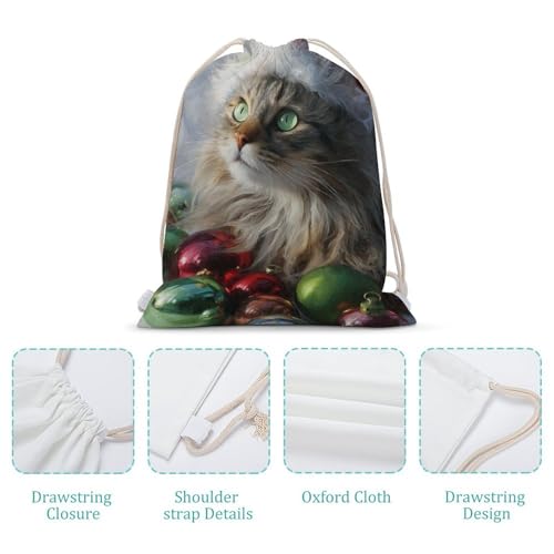 Christmas Cat with Green Eyes Drawstring Backpack Canvas String Bag Lightweight Sports Gym Bag for Men Women4