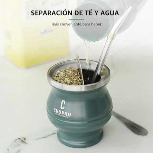 Miniatura 2 de Cuopru Juego De Taza Y Juego De Yerba Mate De Acero Inoxidable, 6.7 Onzas, Verde Militar, Diseño Moderno