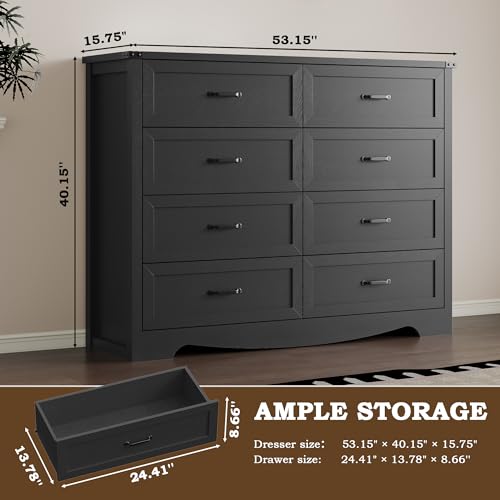 Image of BORNOON 8-Drawer Dresser for Bedroom, Modern Wooden Chest of Drawers with Metal Handles, Anti-Tipping Design, Sturdy and Stable Storage Organizer for Living Room, Entryway, Home Office