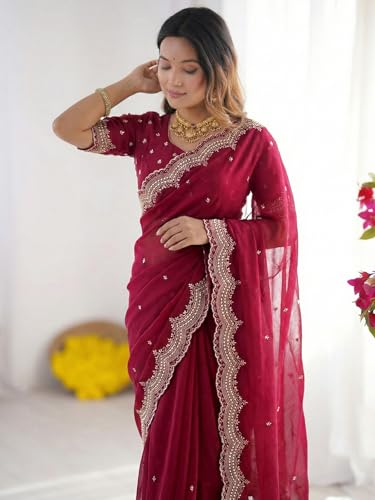 Image of SIRIL Women's Shimmer Georgette Scalloped Border Sequins Embroidery Saree with Unstitched Blouse Piece