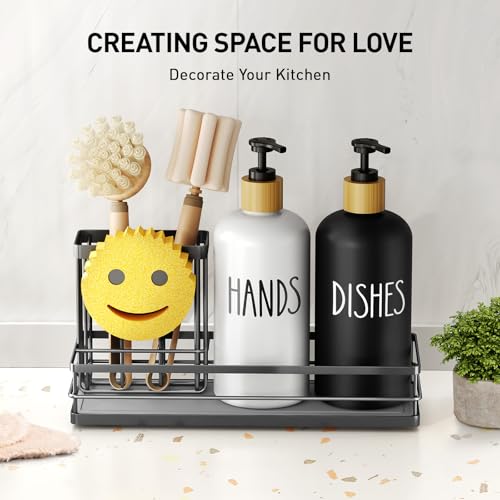 Moforoco Kitchen Dish Soap Dispenser Set, 16OZ Glass Bottle, Hand and Dish Soap Dispenser Set, Instant Dry Tray, Non-Slip Silicone Pad, Brush Holder with Smiley Face Sponge Holder, Kitchen Decor - Thumbnail 4