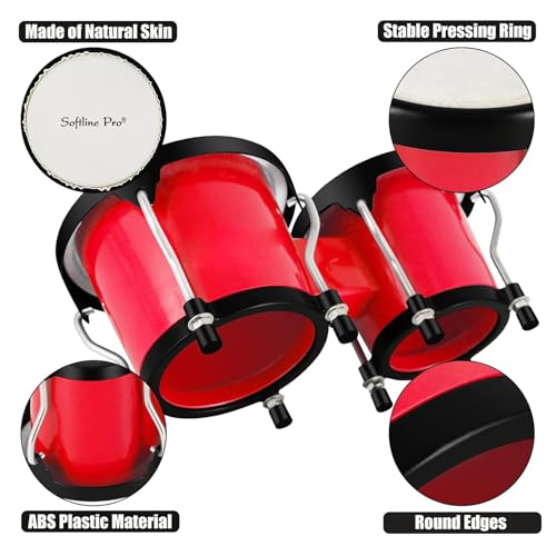 Image of Softline Pro Bongo Drum Set with Tuning Wrench & Padded Professional Wooden Percussion Instrument for Beginner Adults Kids - Natural Skin (RED ABS)