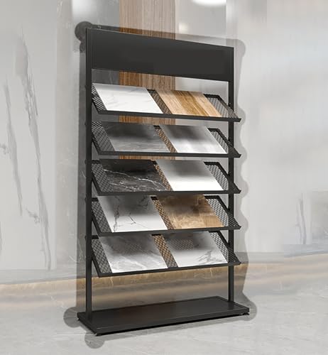 Présentoir de sol carrelage céramique et support de pierre en bois