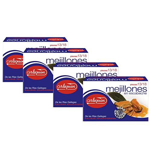 ARLEQUIN Mejillón de las Rias Gallegas en Escabeche, Pack de 4 Latas de 120 grs. y 13/18 Unds (480 grs. y 52/72 Unds)