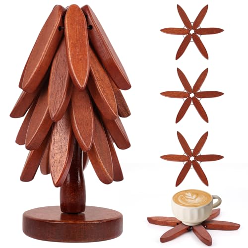 Wooden Trivets for Hot Dishes,Tree Shape Trivet Set, Foldable Kitchen Wooden Trivets,Tree Coaster for Hot Dishes,Pot,Bowl,Teapot,Hot Pot Holders,4 Wooden Trivets+1 Stand(Black Walnut)