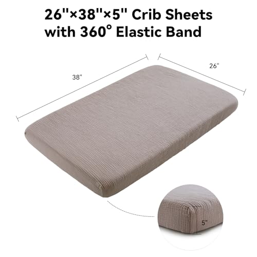 Image of TILLYOU Muslin Mini Crib Sheets 2 Pack, Pack and Play Mattress Sheets Fitted for Pack N Play, 38 x 26 Sheet for Toddler, Grey Brown and Light Brown