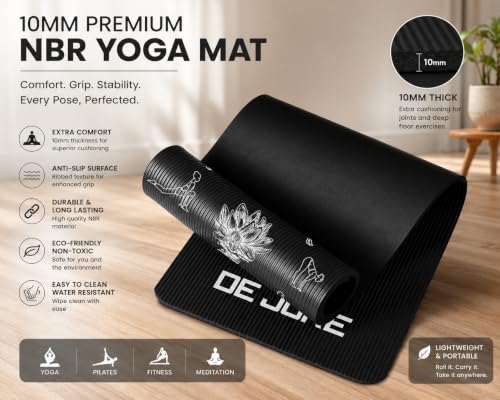Image of De Jure Fitness Yoga Mat for Women and Men, 10mm Extra Thick Non-Slip NBR Exercise Mat for Yoga, Pilates, Gym & Floor Workouts - with Carry Strap