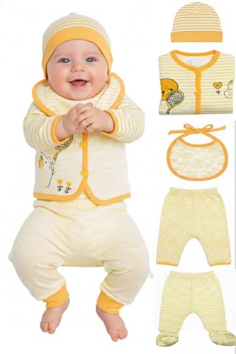 Image of New Born Baby Winter Wear Clothes for Baby Boy & Girl 5 Pieces with Jacket, Pants, Bib, and Booties | New Born Baby Winter Wear (0-3 Months)