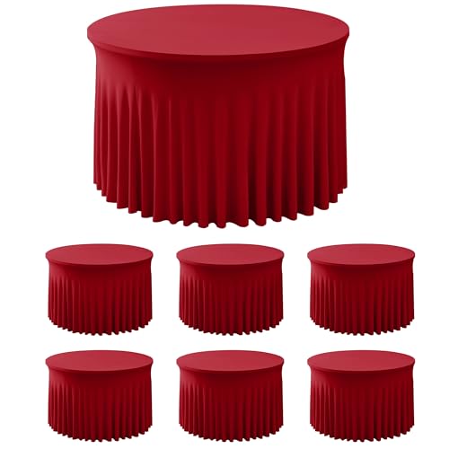 Image of HolidayIdeas 6 Pack Red Spandex Table Skirt for 60 Inch Round Tables, Fitted Stretch Tablecloth for 5 Ft Circular Tables, Wrinkle Resistant Ruffle Design for Valentine's Day, Monther's Day, Weddings