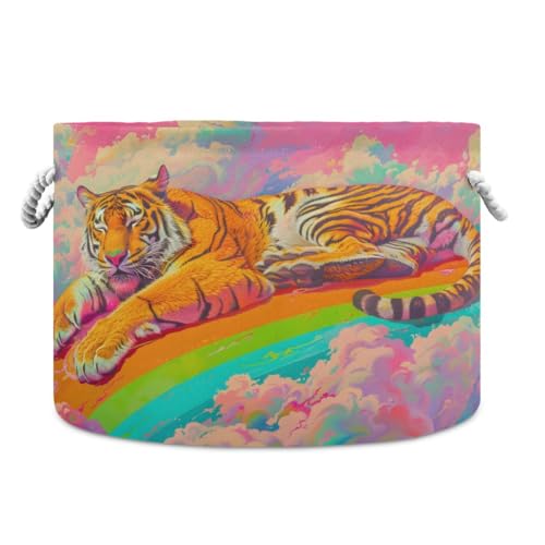 Round Storage Basket Animal Tiger in Rainbow Open Home Storage Bin 20 * 13.9in