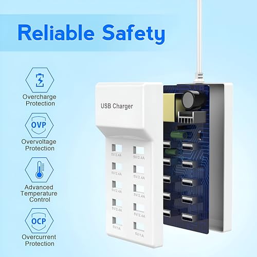 Image of Upix 50W 10-Port USB Charging Station with Smart Auto Detect, Multi-Port Charger Hub, 5V /2.4A Fast Charging for Mobile Phones, Tablets, Smartwatch, Earbuds, Power Bank, AC 100-240V, White