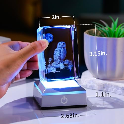 Image of 3D Laser Etched Crystal Owl Night Light - Color-Changing LED Base, K9 Crystal Paperweight & Home Decor Gift for Owl Lovers - 3.15inch