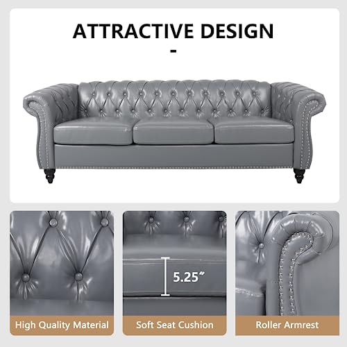 Image of QHITTY Accent Large Sofa, Chesterfield Couch 3 Seater Modern Leather Couch Upholstered Sofa with Tufted Back for Living Room Furniture (Grey)