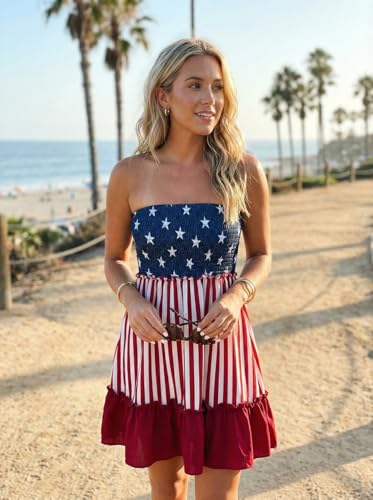 Image of AIMITAG American Flag Smocked Strapless Mini Dress Womens Flag Stars Vertical Striped Ruffled Tube Top Dress Beach Sundress