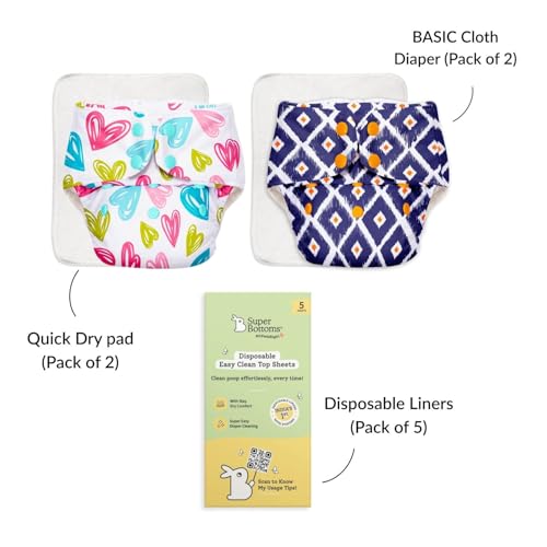 Image of SuperBottoms BASIC Cloth Diaper Pack of 2 with UltraThin Dry Pad & 5 Disposable Easy Clean Top Sheets | Reusable & Washable | Adjustable Fit for Babies 3m-3y