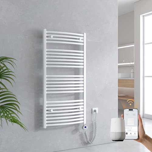 EMKE Badheizkörper Elektrisch mit Thermostat 1200 x 600 mm, WiFi Intelligenter Gebogen Handtuchheizkörper Elektrischer Handtuchwärmer Handtuchhalter mit Heizstab Weiß 600W