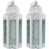 Vela Lanterns 2pk White Wedding Moroccan Lamp Lantern Decorative Candle Holder for Indoor Outdoor Home Decor, Patio, Weddings, Ramadan Decorations, Clear Glass, Medium