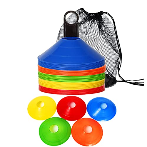 soccer cones 50 pack - IROCH 50 Pack Soccer Cones Disc Cone Sets with Holder and Bag for Training,Field Cone Markers Football,Kids,Sports (Colorful)