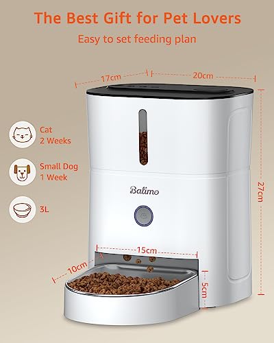 Balimo Futterautomat Katze 3L, Katzenfutter Automat mit Programmierbarem Timer, Futterautomat Hunde mit Nachtlicht, Fresh Lock Technologie, Edelstahlnapf,1 bis 6 Mahlzeiten pro Tag,Weiß