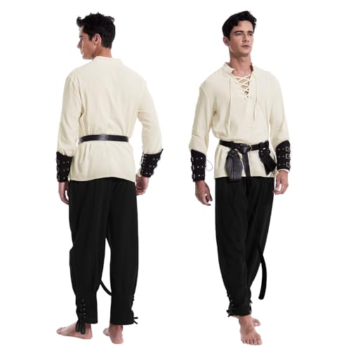 MVFEUIJ Mittelalter Herren Renaissance Kostüm Set, Viking Kostüm Schnürhemd Herren Hose mit Zubehör, Halloween-Kostüm für Cosplay, Zauberer, Maskerade (Schwarze Hosen, XL)