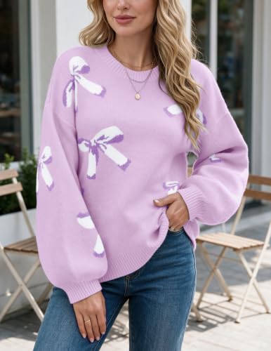 Image of Libsorge Womens Oversized Cute Bows Crewneck Pullover Sweater | Fall Winter Trendy Long Shoulder Balloon Sleeve Cozy Knit Baggy Printed Dressy Casual Valentines Day Vintage Sweaters