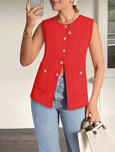 Image of Yousify Womens Sweater Vest Sleeveless Button Down Round Neck Knitted Tank Tops Casual Cardigan with Pockets