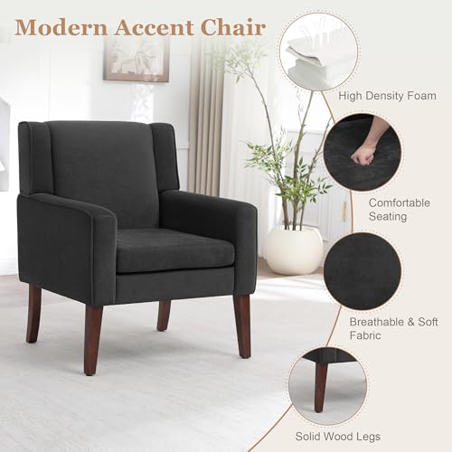 Image of Accent Chairs Set of 2, Mid-Century Reading Chair with Wood Legs, Upholstered Comfy Living Room Chair for Bedroom, Apartment, Waiting Room, Dark Grey