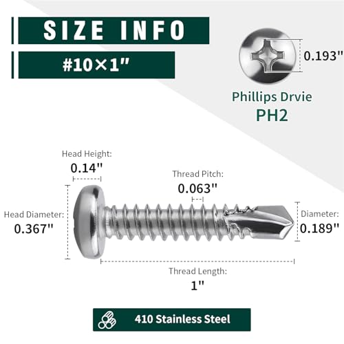 Tornillos EASTLO autoperforantes #10 x 1 pulgada, cabeza alomada redonda Phillips, acero inoxidable, paquete de 100, modelo AB110404-100 miniatura 4