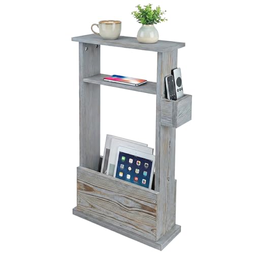 MyGift Narrow Side Table, Slim End Sofa Table in Vintage Gray Wood with Storage Shelf, Magazine and Remote Holder