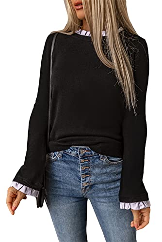 Malka Belle Women's Solid Ruffled Crew Neck Pullover Knitted Sweater (As1, Alpha, M, Regular, Regular) Black #TOP26