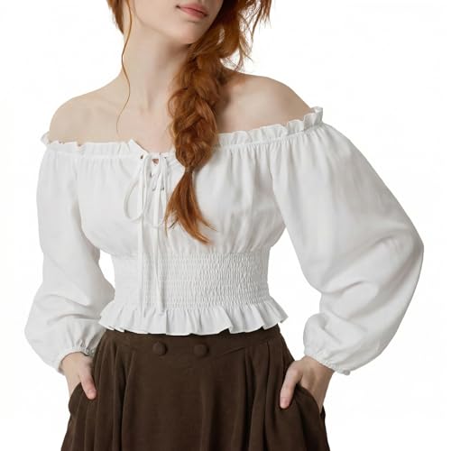 YESSA Womens Renaissance Peasant Blouse Off Shoulder Long Sleeve Boho Top Medieval Victorian Pirate Shirt Ren Faire Costume White Small