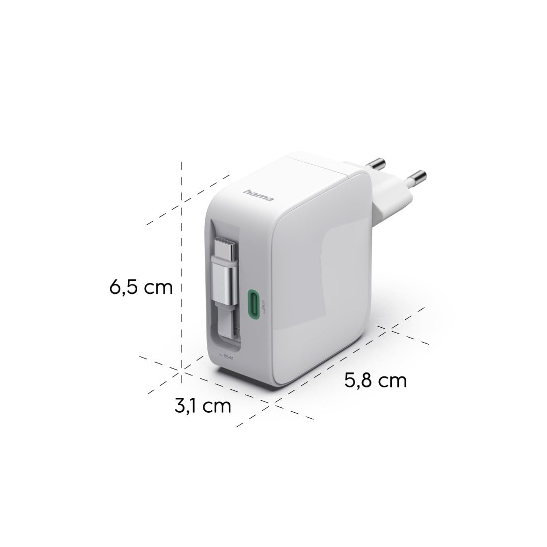 Hama Caricabatterie rapido 65 W GaN, 2 x USB-C con cavo retrattile integrato (70 cm), Power Delivery & Qualcomm Quick Charge 3.0, compatto, protezione corto-circuito, ideale per PC portatile