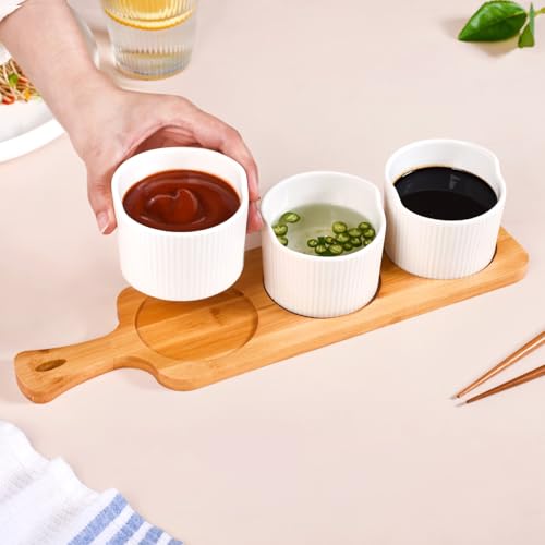 Image of Nestasia Ribbed Ceramic Bowls Set with Wooden Tray 180ml | Food-Safe, Non-Toxic | Ideal for Dips, Snacks, Treats, Dry Fruits, and Desserts