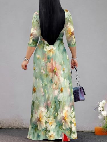 Image of Plus Size Dresses for Women Floral Print Maxi Dress Flowy 3 /4 Sleeve with Belt