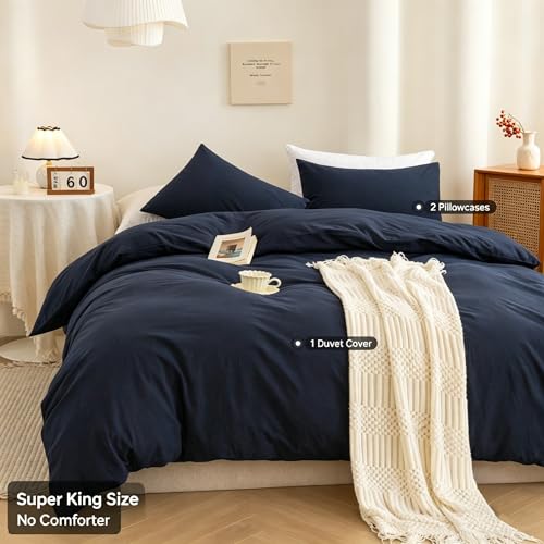 Image of ECOCOTT Navy Blue Duvet Cover Super King Size - 100% Washed Cotton Durable Soft Comfy Bedding Set, 3 Pieces Duvet Cover with Zipper Closure (108''x98'')