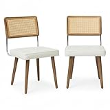 Garvee Esszimmerstühle 2er Set, Natürliche Rattan Rückenlehne Beige, Gepolstertes Leinen Sitzkissen, Stabiles Holzgestell, Moderne Mid Century Küchenstühle Ohne Armlehnen für Esszimmer Wohnzimmer